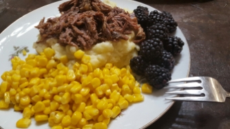 Oven-Roasted Beef over Potatoes with Blackberries and Corn
