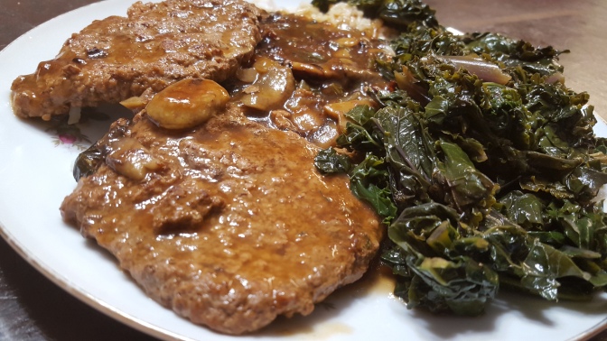 Pressure Cooker Steaks with Mushroom Gravy over Rice, with Kale
